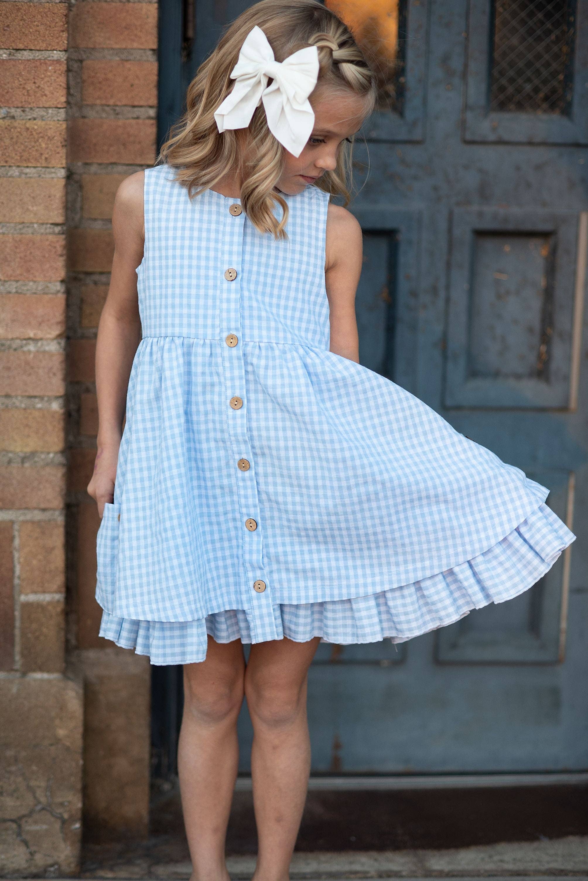 Girls Blue & White Gingham Check Pocket Ruffle Spring Dress 7/8