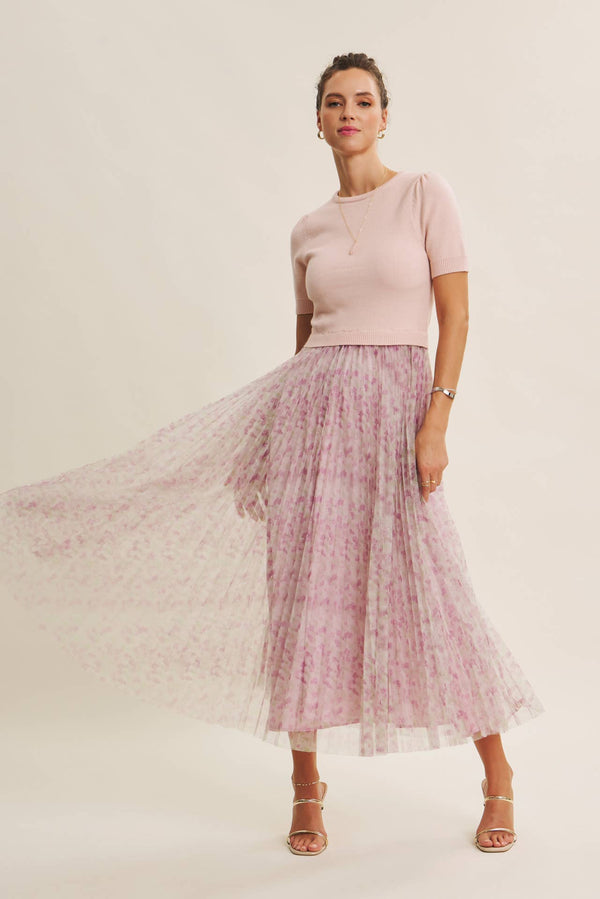 FIELD OF PLEATED WILDFLOWERS SWEATER TWOFER MIDI DRESS