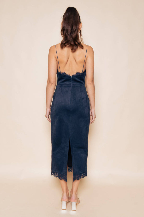 Navy Lace Trim Suede Bodycon Midi Dress
