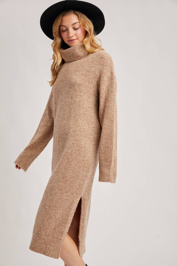 TURTLENECK SIDE SLIT KNIT SWEATER MIDI DRESS