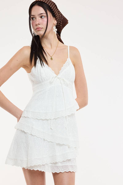 WHITE EYELET ASYMMETRIC TIERED LACE MINI DRESS