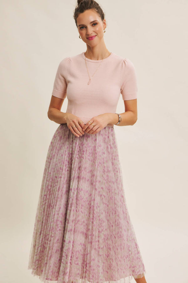 FIELD OF PLEATED WILDFLOWERS SWEATER TWOFER MIDI DRESS