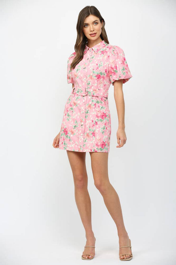 FLORAL PRINT BELTED  BUTTON DOWN MINI DRESS