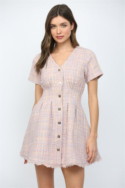 Cinched Waist V-Neckline Tweed Dress