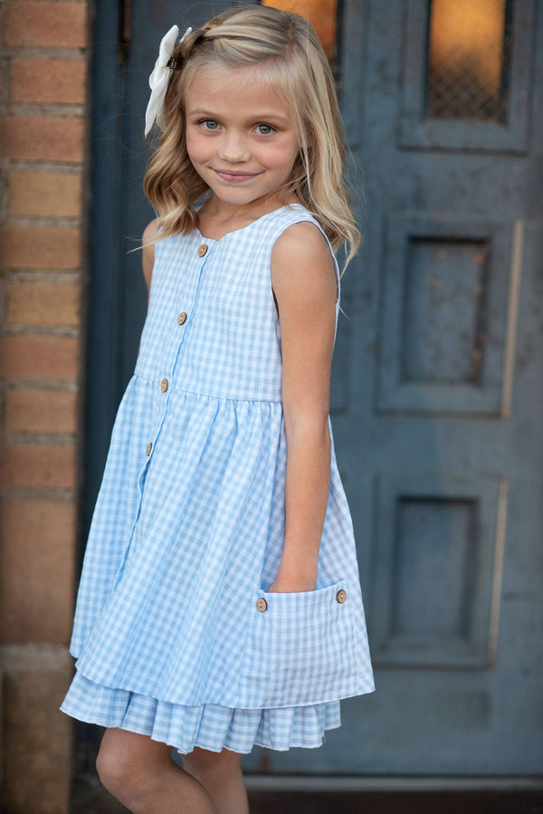 Girls Blue & White Gingham Check Pocket Ruffle Spring Dress
