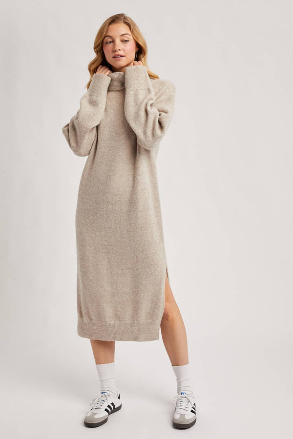 TURTLENECK SIDE SLIT KNIT SWEATER MIDI DRESS