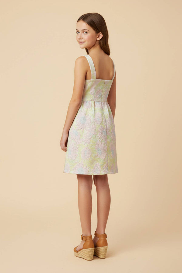 Girls Floral Jacquard Square Neck Sleeveless Dress
