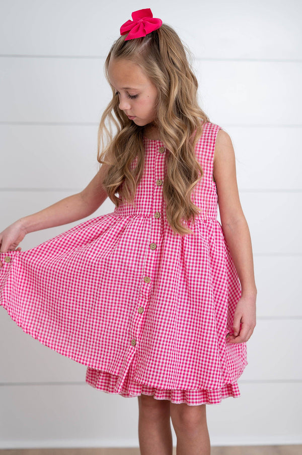 Girls Brooke Hot Pink Gingham Check Pocket Spring Dress