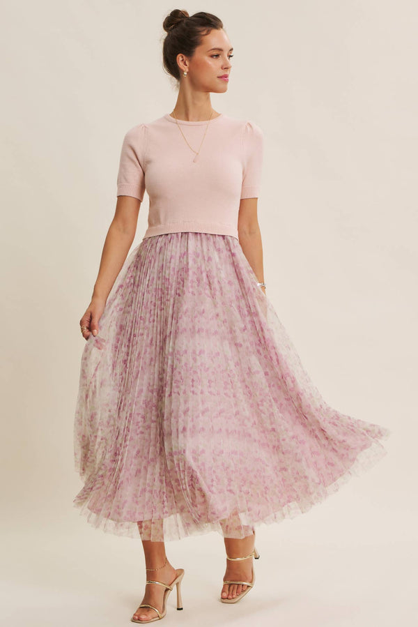 FIELD OF PLEATED WILDFLOWERS SWEATER TWOFER MIDI DRESS