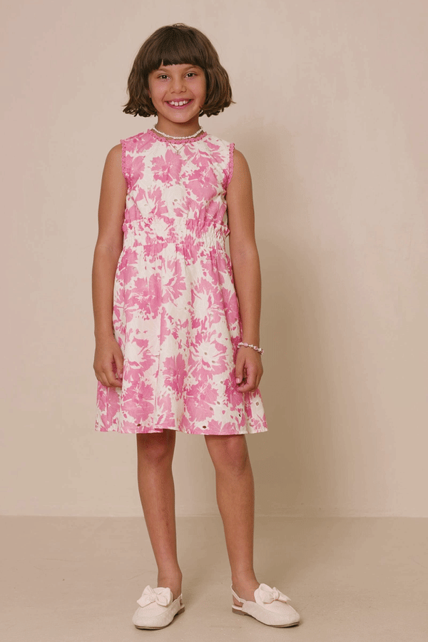 Girls Tonal Floral Print Smocked Waist Lace Trim Dress