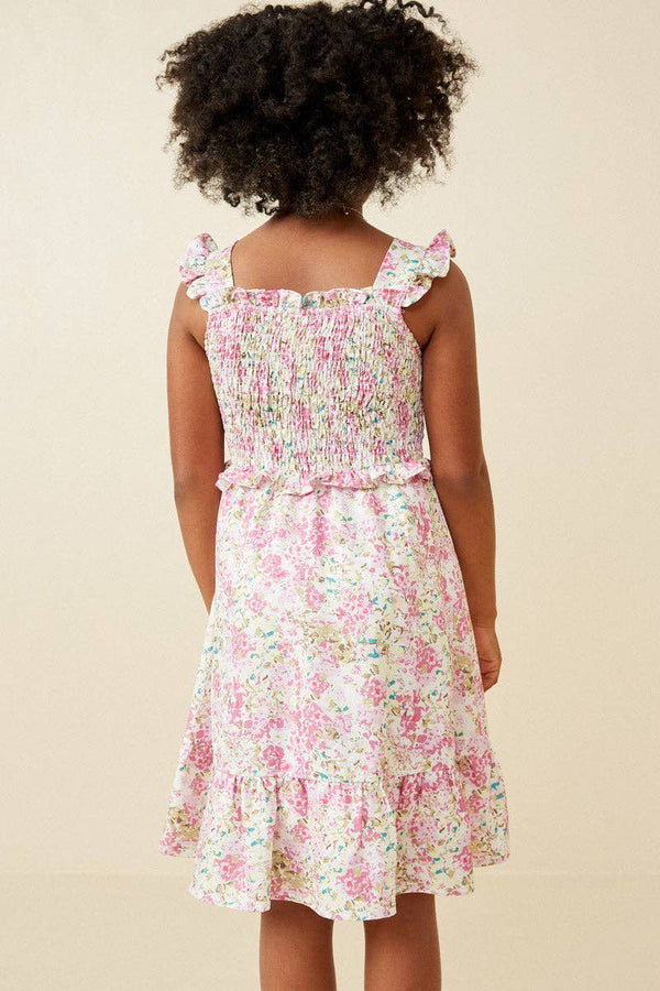 Girls Floral Print Ruffled Smocked Flutter Tank Dress