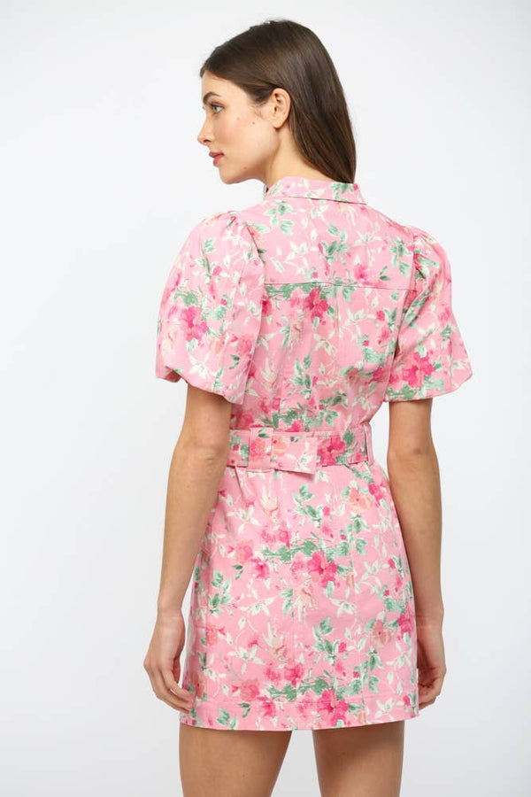 FLORAL PRINT BELTED  BUTTON DOWN MINI DRESS
