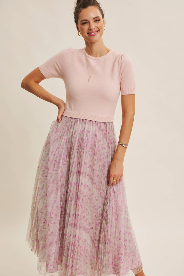 FIELD OF PLEATED WILDFLOWERS SWEATER TWOFER MIDI DRESS M / PINK/LILAC