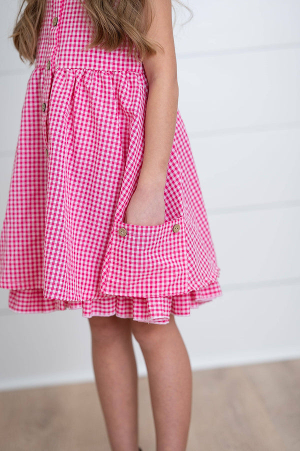 Girls Brooke Hot Pink Gingham Check Pocket Spring Dress