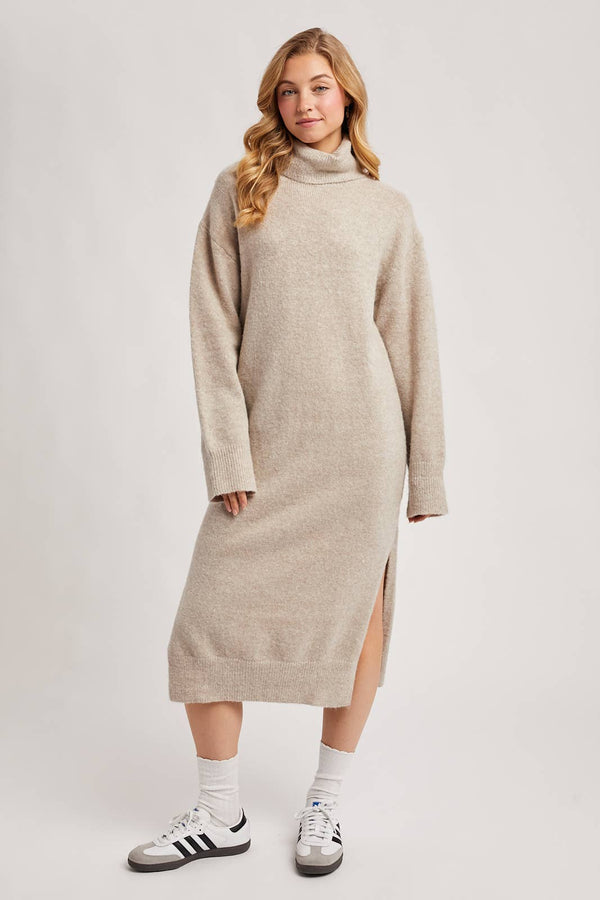 TURTLENECK SIDE SLIT KNIT SWEATER MIDI DRESS