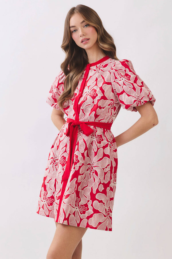 Floral Eyelet Pattern Button Front Mini Dress