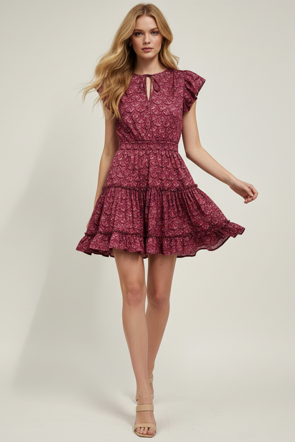 SCALLOPED PRINT TIERED MINI DRESS