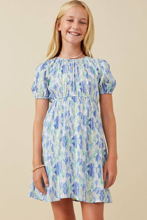 Girls Watercolor Floral Puff Sleeve Dress