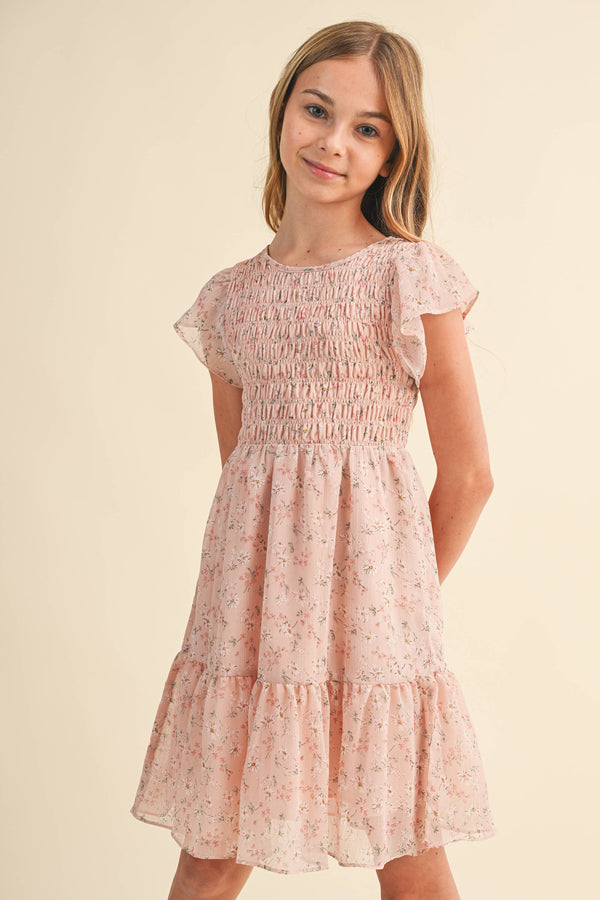 TWEEN KIDS GIRLS SMOCKED FLOUNCE DRESS