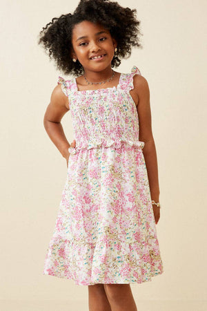 Girls Floral Print Ruffled Smocked Flutter Tank Dress
