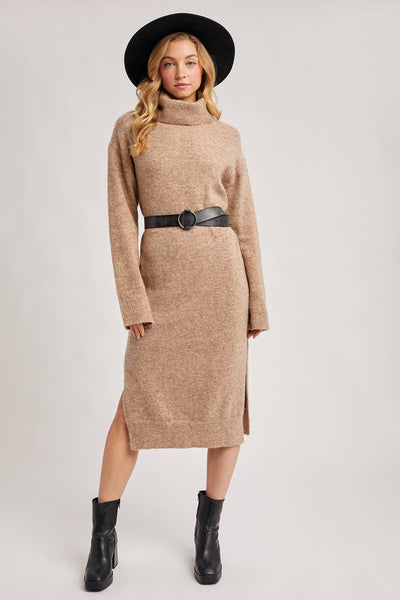 TURTLENECK SIDE SLIT KNIT SWEATER MIDI DRESS