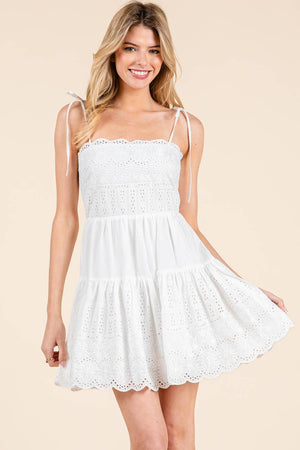 Embroidery scallop edge mini dress with shoulder strap