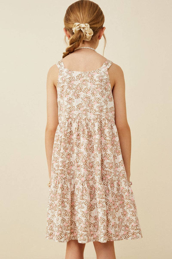 Girls Textured Daisy Print Button Detail Tank Dress