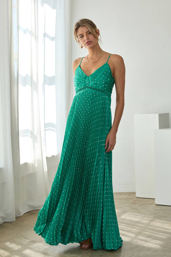 Polka Dot Pleated Midi Dress with Back Cutout