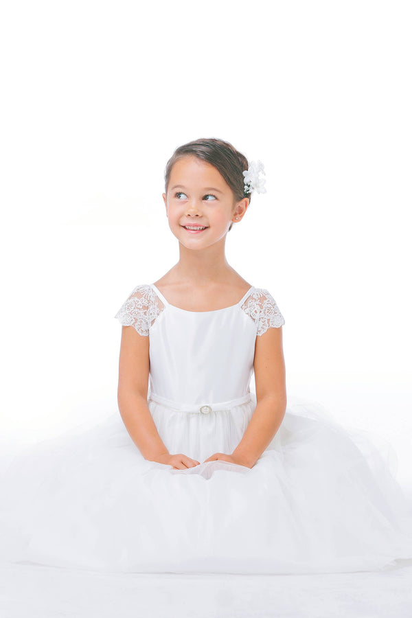 lace sleeve satin & tulle with pearl brooch