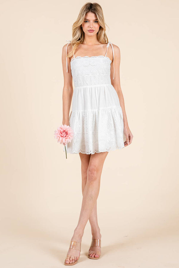 Embroidery scallop edge mini dress with shoulder strap