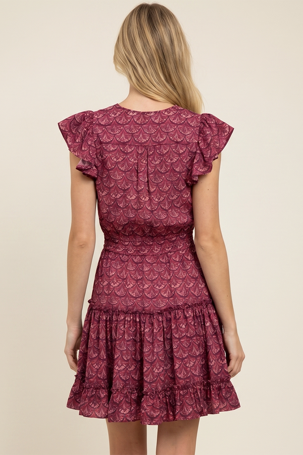 SCALLOPED PRINT TIERED MINI DRESS