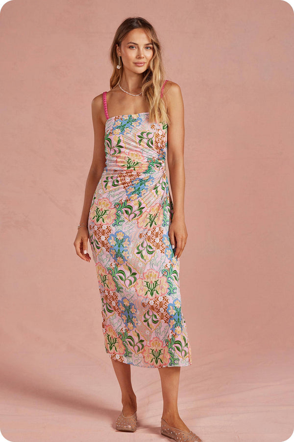 Garden Party Pleated Satin Midi Dress