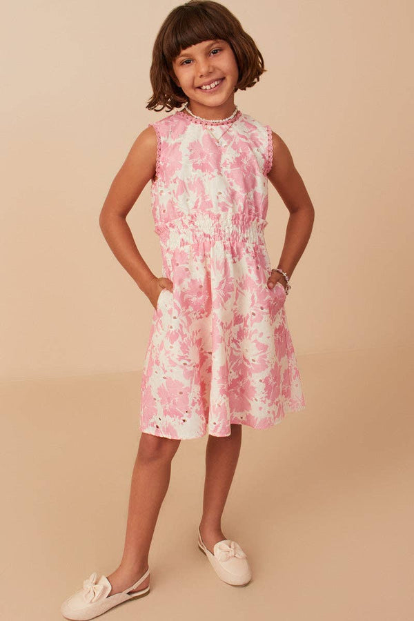 Girls Tonal Floral Print Smocked Waist Lace Trim Dress