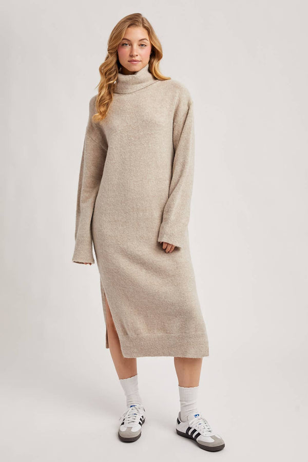 TURTLENECK SIDE SLIT KNIT SWEATER MIDI DRESS