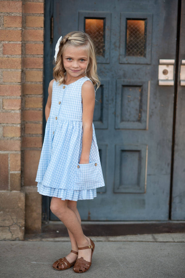 Girls Blue & White Gingham Check Pocket Ruffle Spring Dress – Jolie, A Dress Boutique