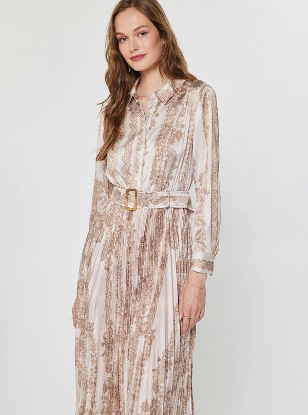 Floral Lace Pleated Midi Shirt Dress