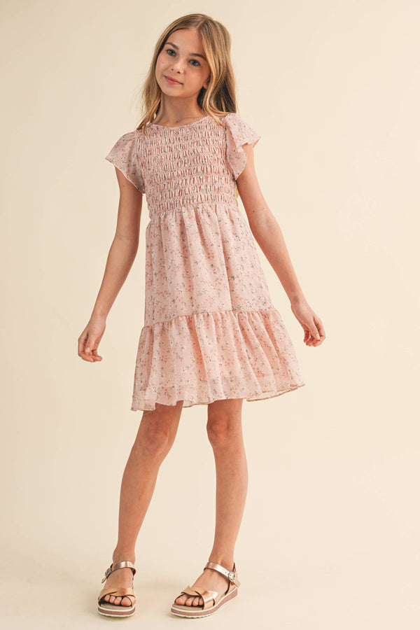 TWEEN KIDS GIRLS SMOCKED FLOUNCE DRESS