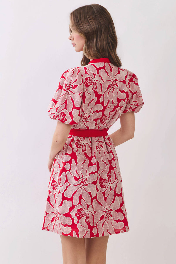 Floral Eyelet Pattern Button Front Mini Dress