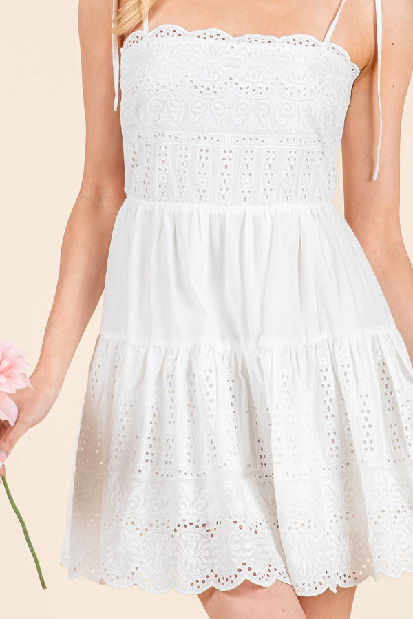 Embroidery scallop edge mini dress with shoulder strap