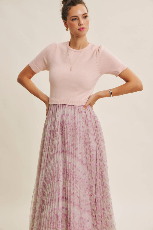 FIELD OF PLEATED WILDFLOWERS SWEATER TWOFER MIDI DRESS