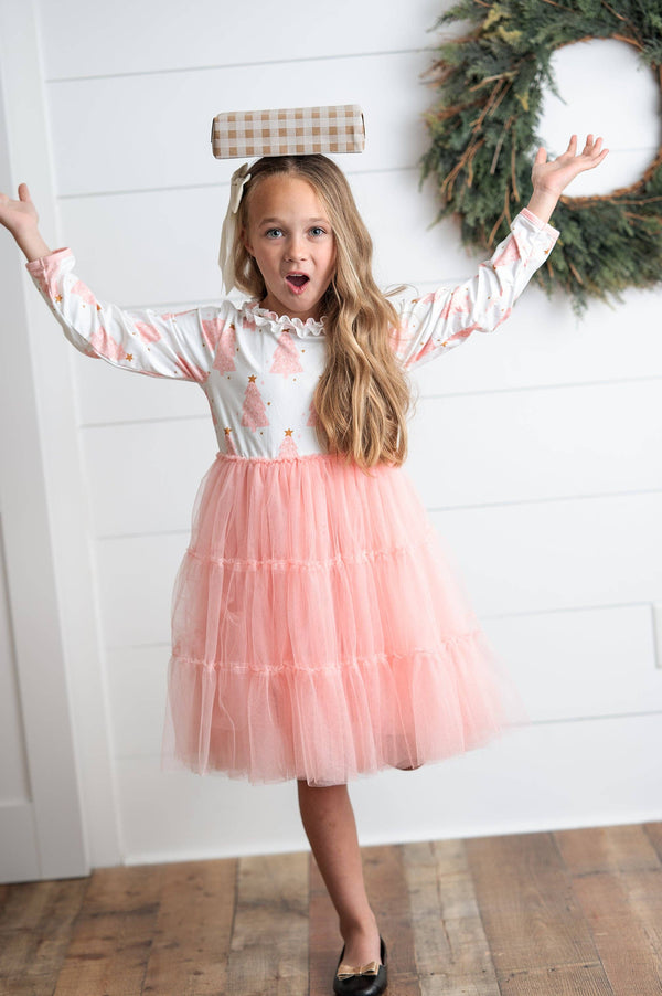 Kids Pink Christmas Tree Tulle Ruffle Holiday Dress
