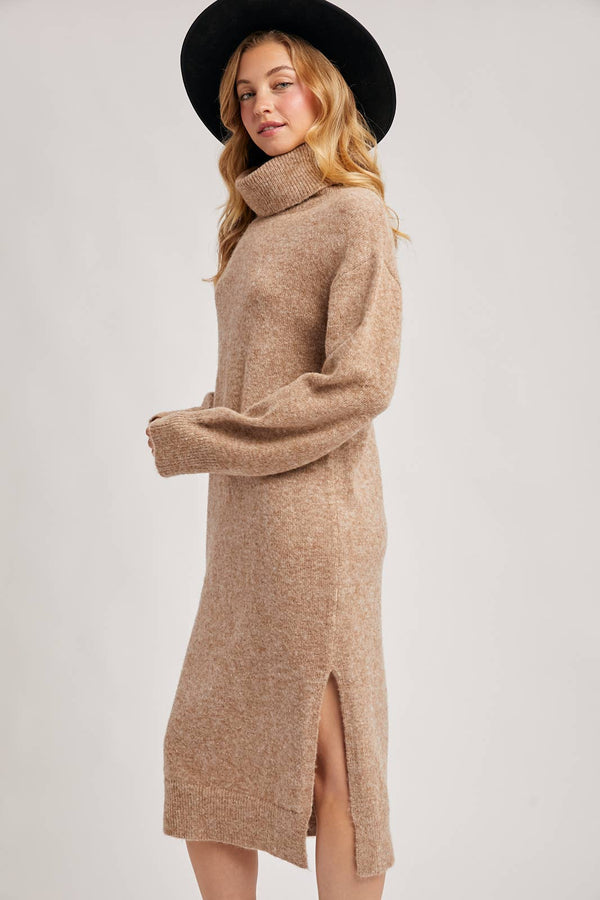 TURTLENECK SIDE SLIT KNIT SWEATER MIDI DRESS