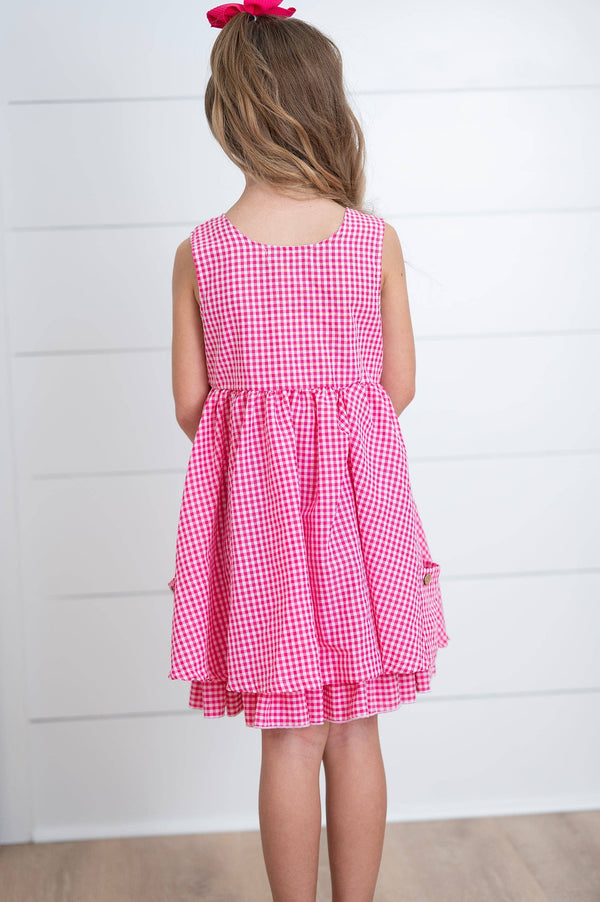 Girls Brooke Hot Pink Gingham Check Pocket Spring Dress