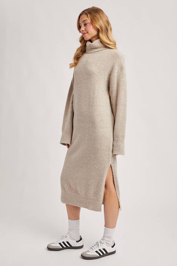 TURTLENECK SIDE SLIT KNIT SWEATER MIDI DRESS