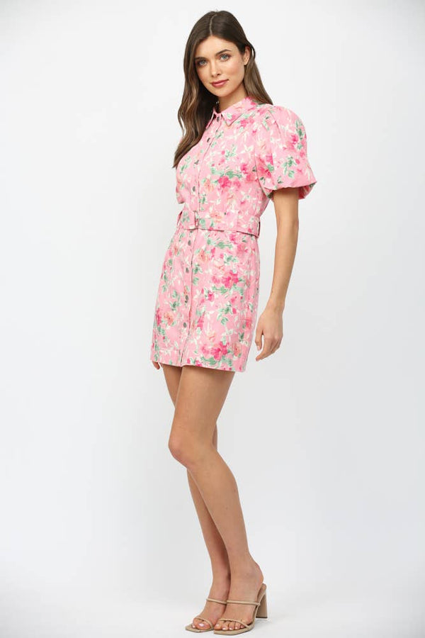 FLORAL PRINT BELTED  BUTTON DOWN MINI DRESS