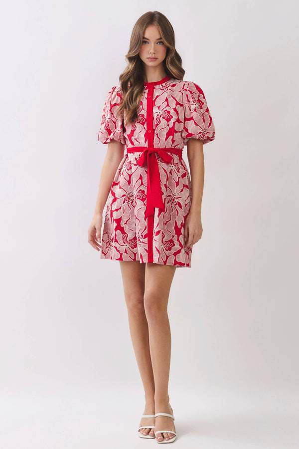 Floral Eyelet Pattern Button Front Mini Dress