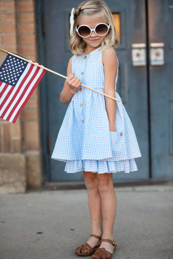 Girls Blue & White Gingham Check Pocket Ruffle Spring Dress