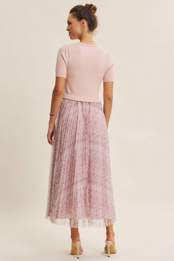 FIELD OF PLEATED WILDFLOWERS SWEATER TWOFER MIDI DRESS