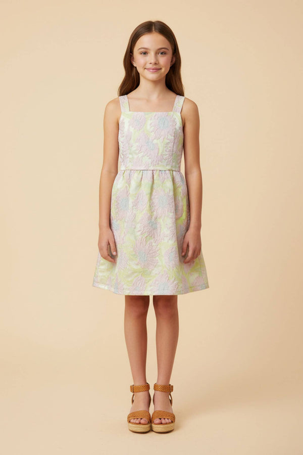 Girls Floral Jacquard Square Neck Sleeveless Dress
