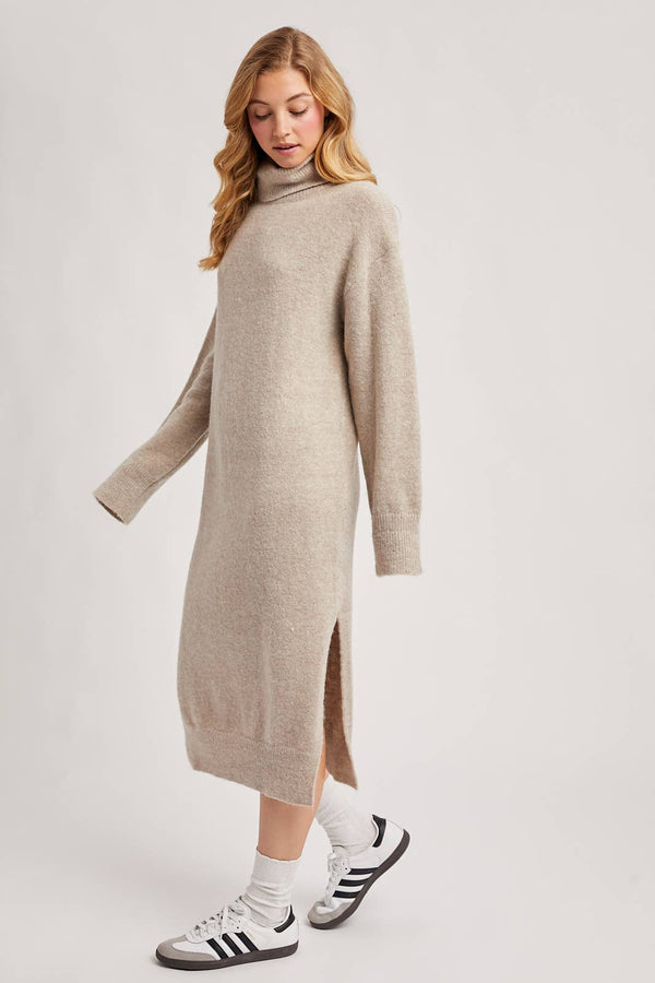 TURTLENECK SIDE SLIT KNIT SWEATER MIDI DRESS